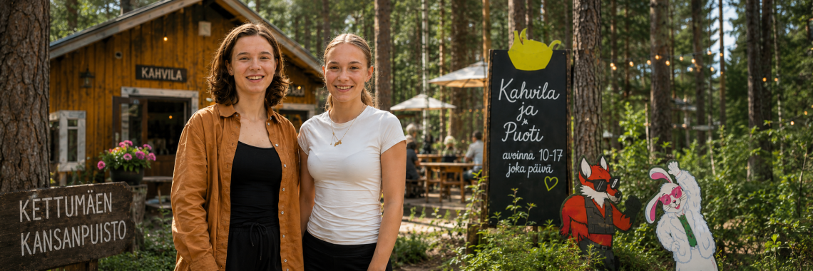 Ilona ja Alisa Kettumäen kansanpuiston kesäkahvilassa ja sen pihapiirissä Kuusankoskella.