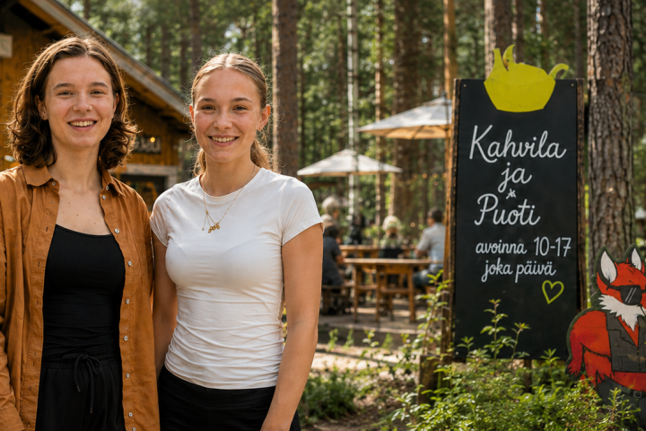 Ilona ja Alisa Kettumäen kansanpuiston kesäkahvilassa ja sen pihapiirissä Kuusankoskella.