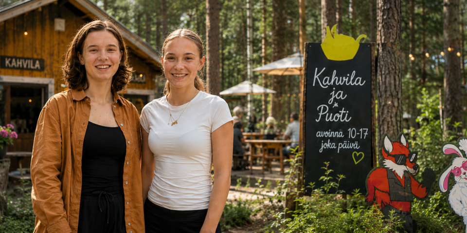 Ilona ja Alisa Kettumäen kansanpuiston kesäkahvilassa ja sen pihapiirissä Kuusankoskella.