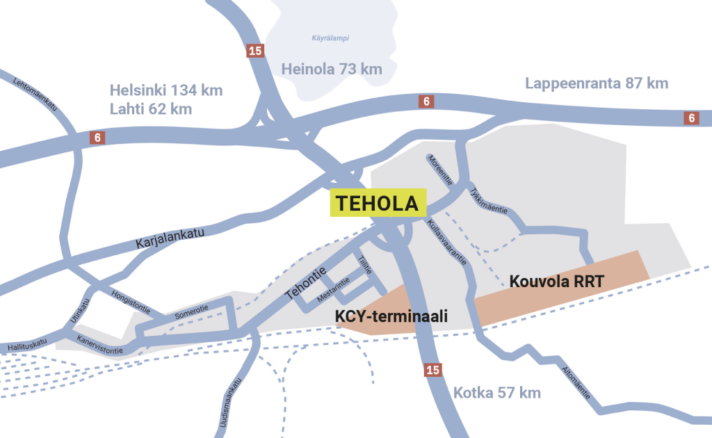Teholan alueen kartta, jossa näkyy KCY-terminaalin ja Kouvola RRT:n sijainnit.