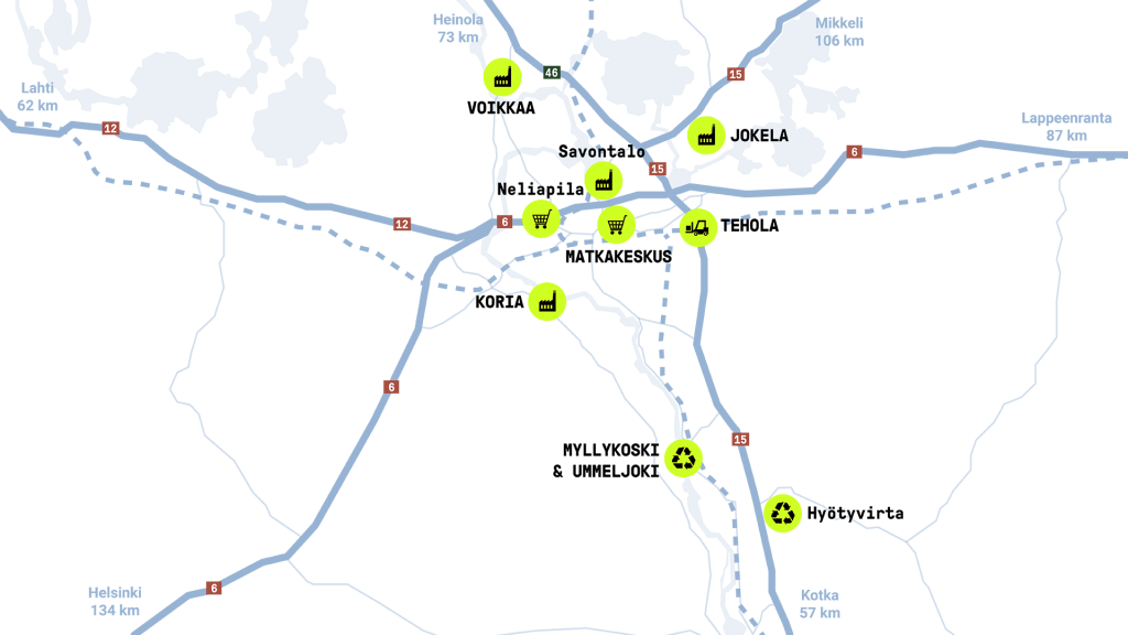 Kouvolan yritysalueet kartalla sekä etäisyydet naapurikaupunkeihin.