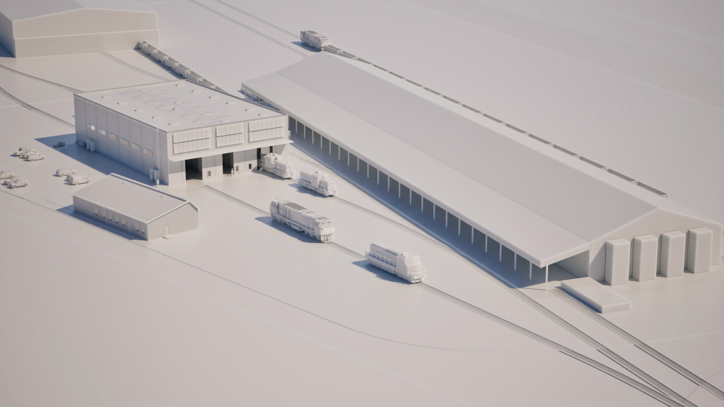 Havainnekuva Teholan logistiikka-alueen uudesta varikko- ja huoltorakennuksesta ja raiteistosta.