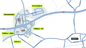 Neliapila-alueen karttakuva, jossa näkyvissä Tervaskangas, Katajaharju, Tommola ja Korjala sekä Kouvolan kesksusta.